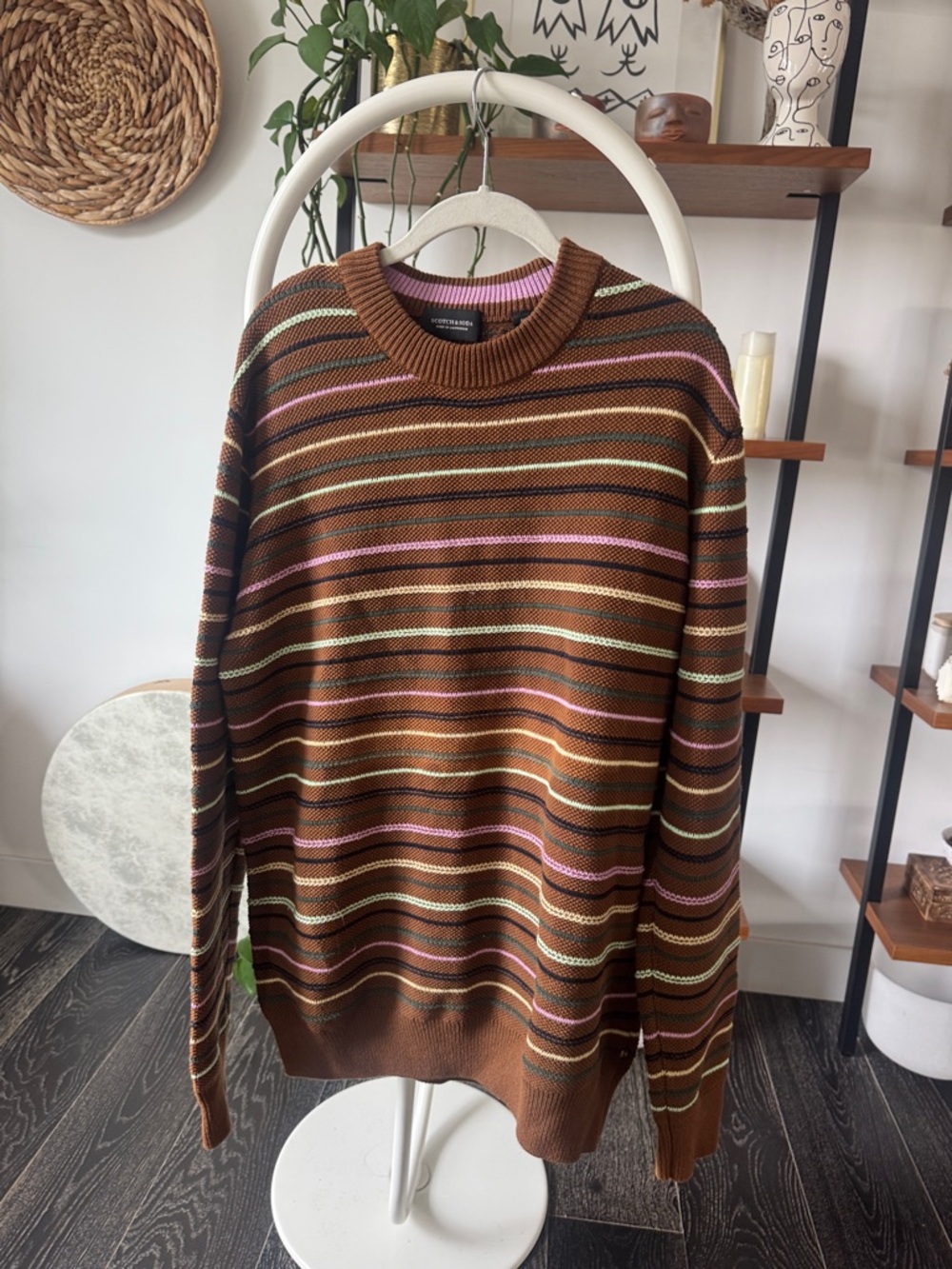 Scotch & Soda Brown Striped Crewneck Sweater with Pink & Cream Accents